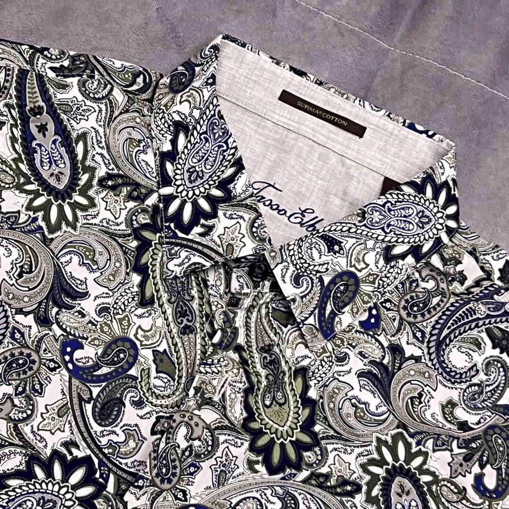 Tasso Elba Button Down Mens XL White Blue Paisley Supima Cotton Excellent Shirt